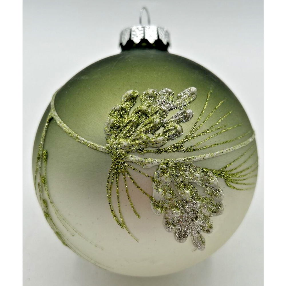 Vintage Blown Glass Green Ombre Glitter Leaf/Branch Detail Ball Ornament U255